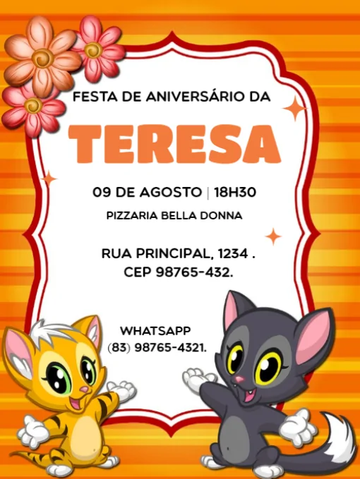 Fazer Convite Virtual De Aniversário Gatos Para EditarEdite Online