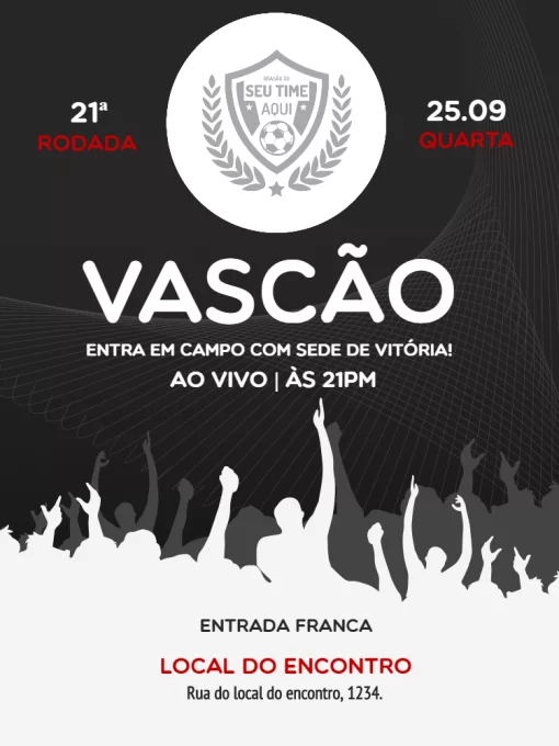 Editar e Baixar Convite Vasco da Gama, futebol, time, encontro, preto, torcida, divulgação, jogo, comemoração, celebração, online, digital, personalizado, whatsapp