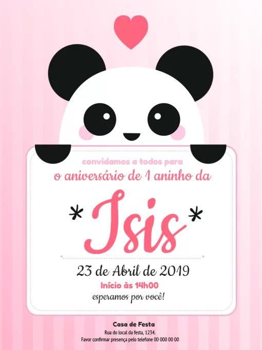 Convite Digital Aniversário Luluca Panda fundo Branco Edite Online