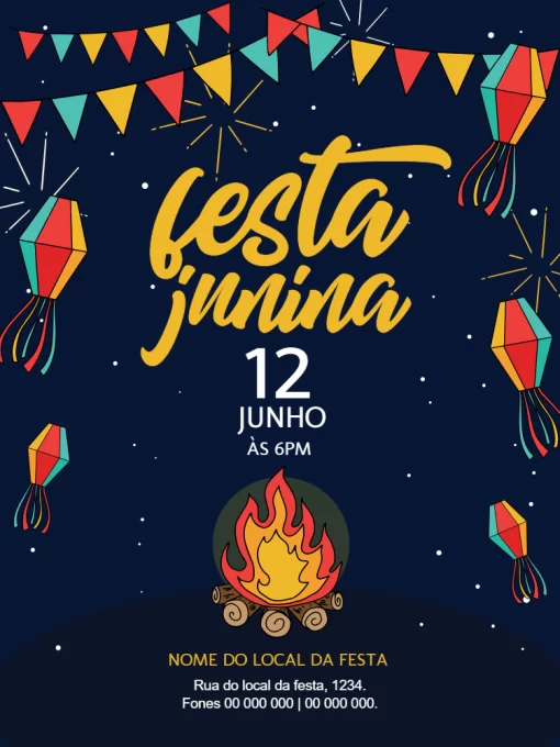 Editar e Baixar Convite Festa Junina, festa, junina, balão, bandeirinha, fogueira, comemoração, celebração, online, digital, personalizado, whatsapp