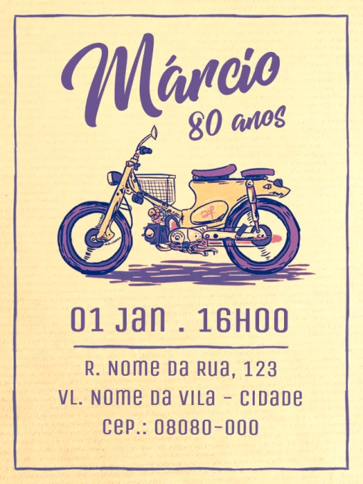 Modelo de convite - aniversário virtual 80 anos motocicleta