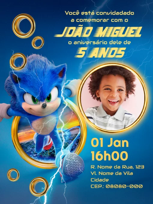 Convite de aniversário infantil Sonic