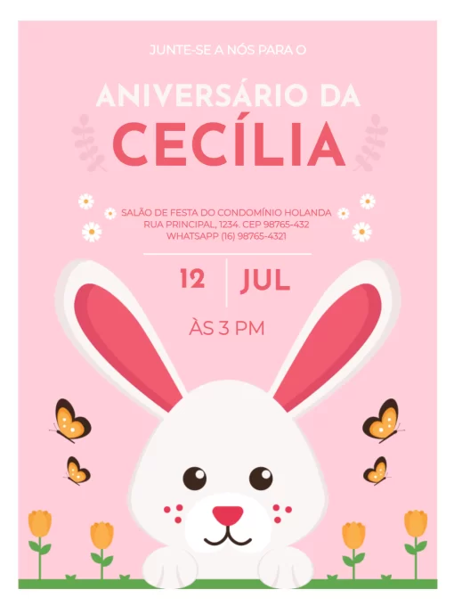 Convite De Aniversário Infantil Feminino Coelhinha Rosa Convite De Aniversário Infantil Feminino Coelhinha Rosa