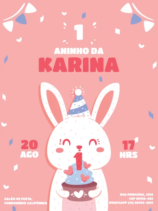 Convite De Aniversário Infantil Feminino Coelhinha 1 Ano Convite De Aniversário Infantil Feminino Coelhinha 1 Ano