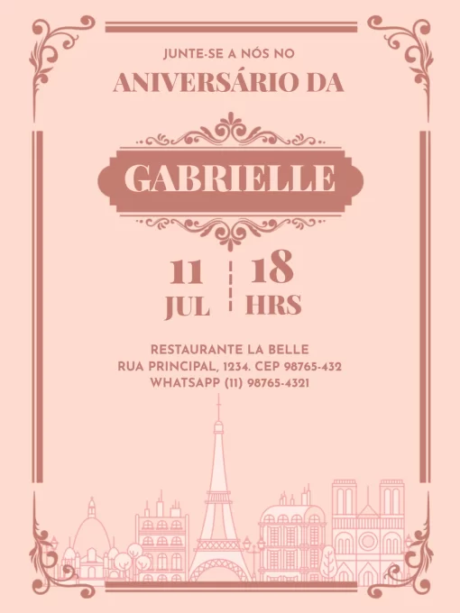 Modelo de convite - aniversário adulto feminino parisiense delicado