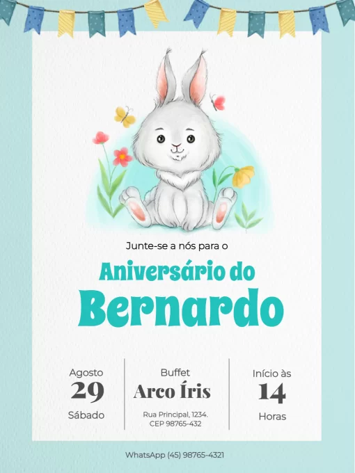 Convite De Aniversário Infantil Masculino Coelhinho Aquarela Convite De Aniversário Infantil Masculino Coelhinho Aquarela