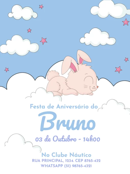Modelo de convite - aniversário infantil masculino coelhinho nuvem