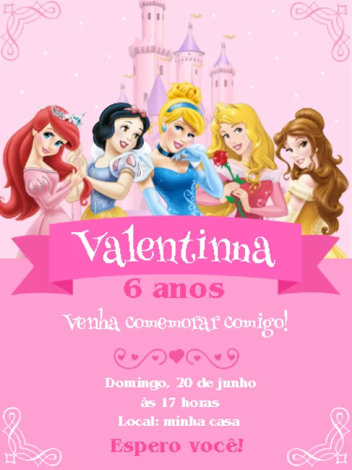 Editar e Baixar Convite Princesas Rosa Castelo, convite princesas disney, convite princesas disney digital, convite princesas disney virtual, convite princesas disney para editar