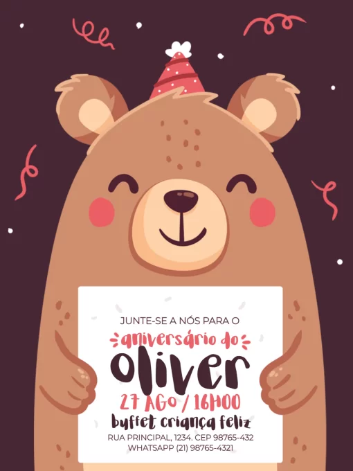Modelo de convite - aniversário infantil masculino ursinho escuro