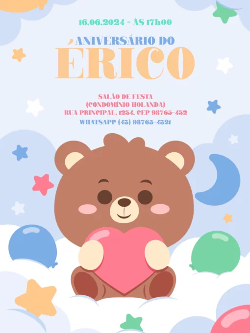 Modelo de convite - aniversário infantil masculino ursinho estrela