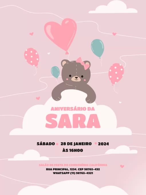 Modelo de convite - aniversário infantil feminino ursinha balão