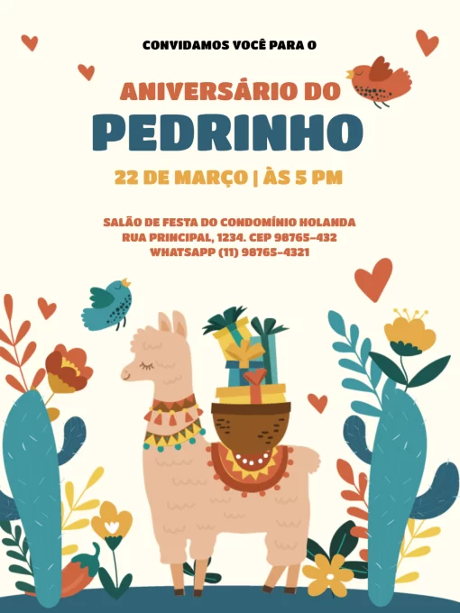 Modelo de convite - aniversário infantil lhama cacto