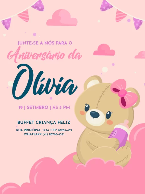 Modelo de convite - aniversário infantil feminino ursinha rosa