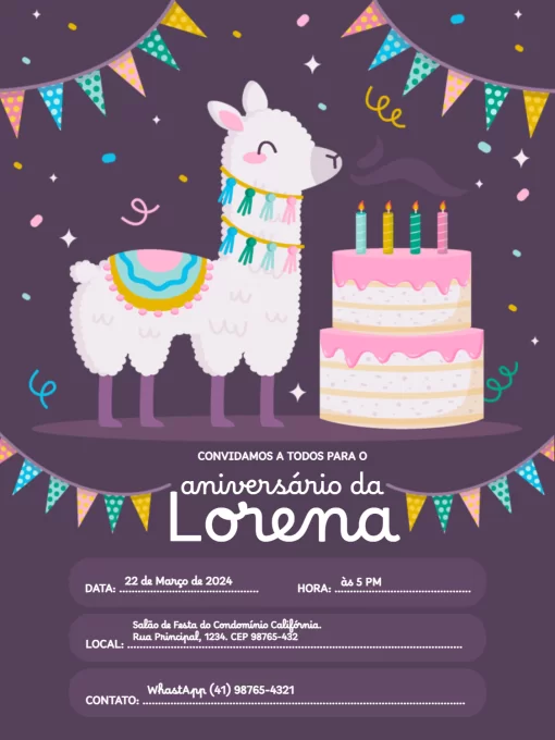 Convite De Aniversário Infantil Lhama Roxo Convite De Aniversário Infantil Lhama Roxo