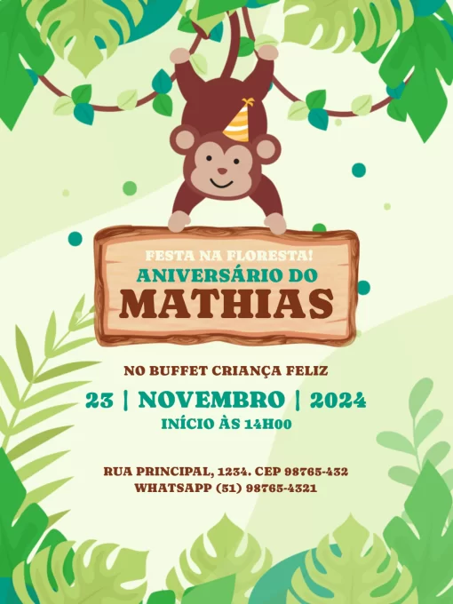 Modelo de convite - aniversário infantil masculino macaquinho floresta