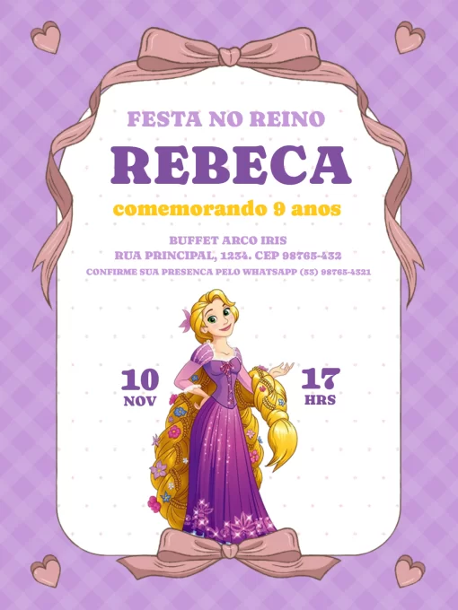 Editar e Baixar Convite De Aniversário Rapunzel Roxo, festa, encontro, comemoração, aniversário, rapunzel, princesa, enrolados, disney, menina, claro, roxo, laço, delicado, coração, infantil, lúdico