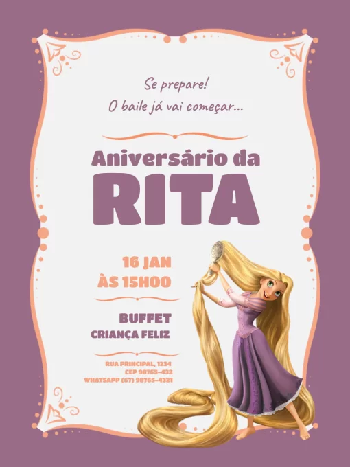 Editar e Baixar Convite De Aniversário Rapunzel Elegante, festa, encontro, comemoração, aniversário, rapunzel, princesa, enrolados, disney, menina, escuro, roxo, elegante, infantil, lúdico