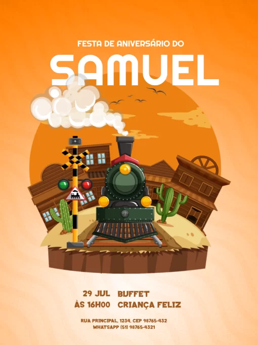 Modelo de convite - aniversário infantil masculino trem laranja