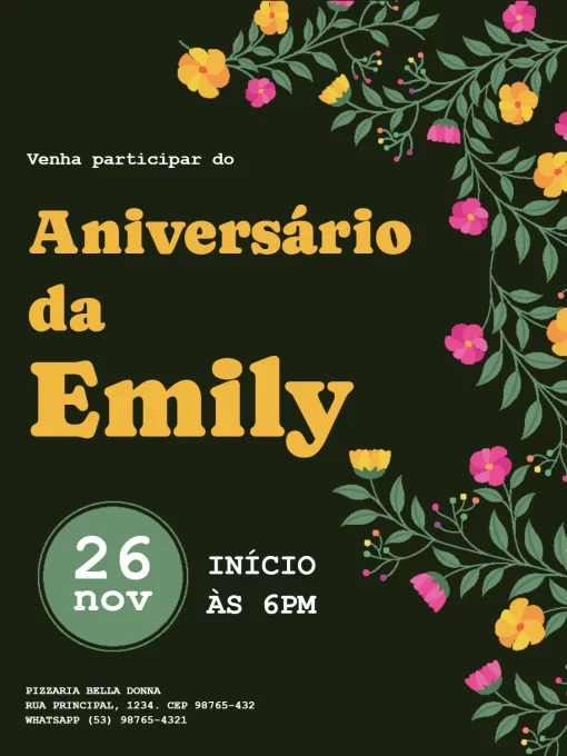 Modelo de convite - aniversário adulto feminino escuro floral