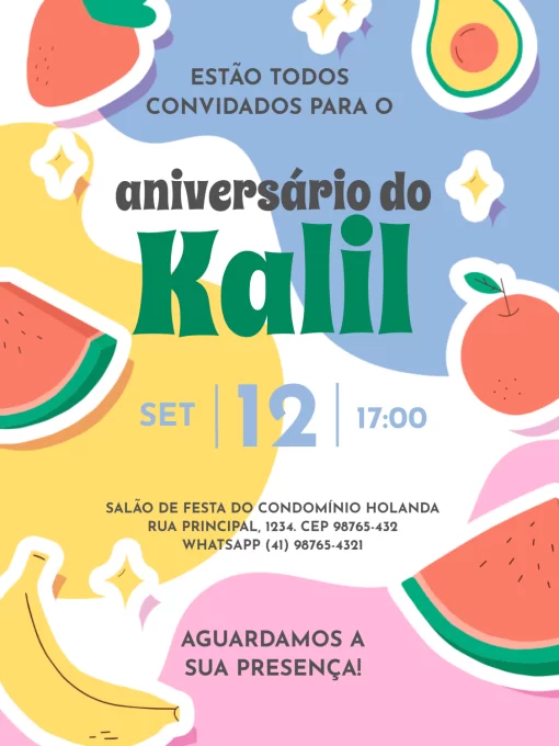 Modelo de convite - aniversário infantil fruta colorido