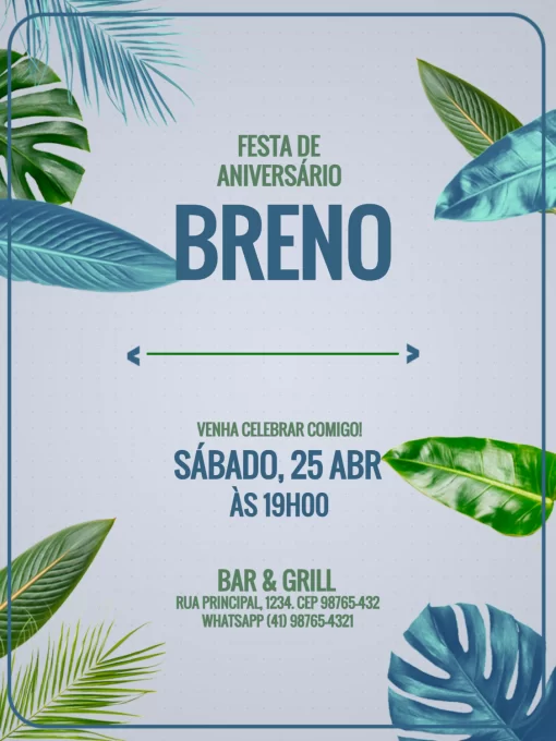 Convite De Aniversário Adulto Masculino Folhagem