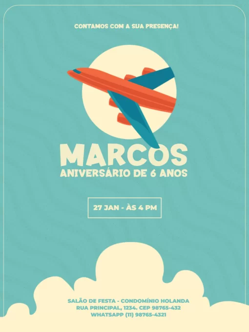Modelo de convite - aniversário infantil masculino avião azul
