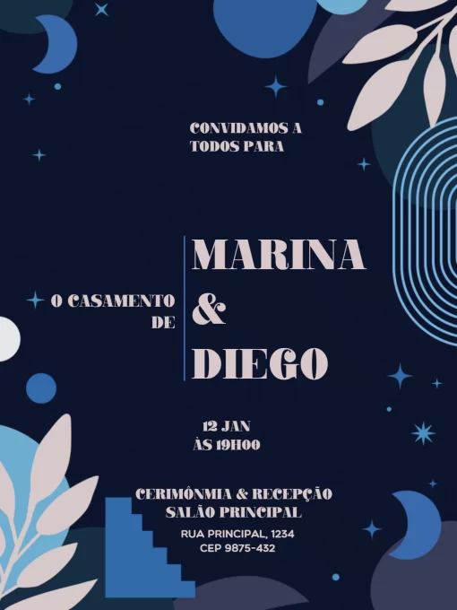 Modelo de convite - casamento simples e criativo azul