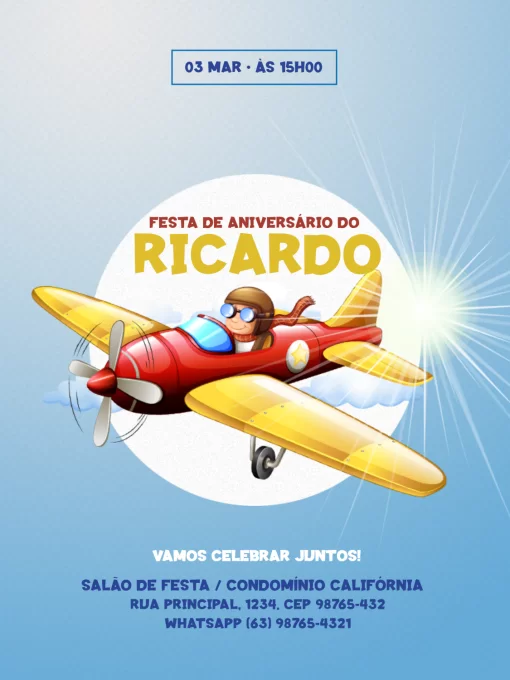 Modelo de convite - aniversário infantil masculino avião