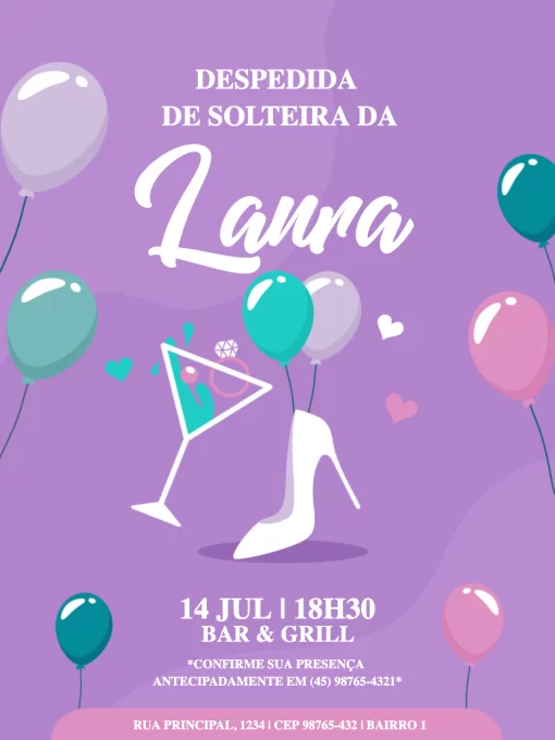 Fazer Convite de Aniversário Surpresa De Despedida Solteira RoxoEdite Online