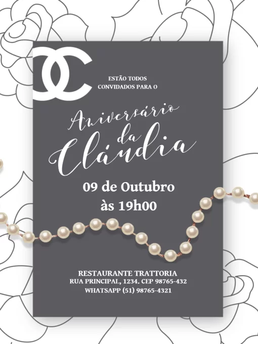 Modelo de convite - aniversário adulto feminino chanel pérolas