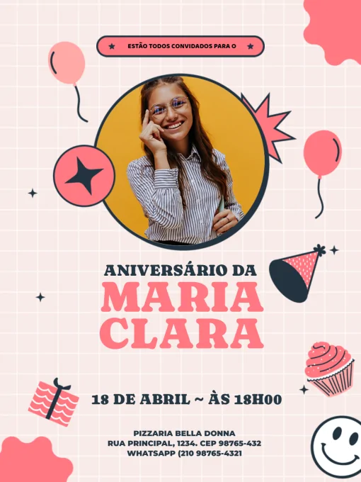 Modelo de convite - convites aniversário com foto jovem feminino rosa