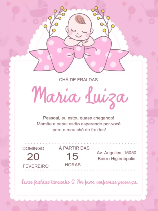 Convite Virtual, Chá de Bebê Rosa