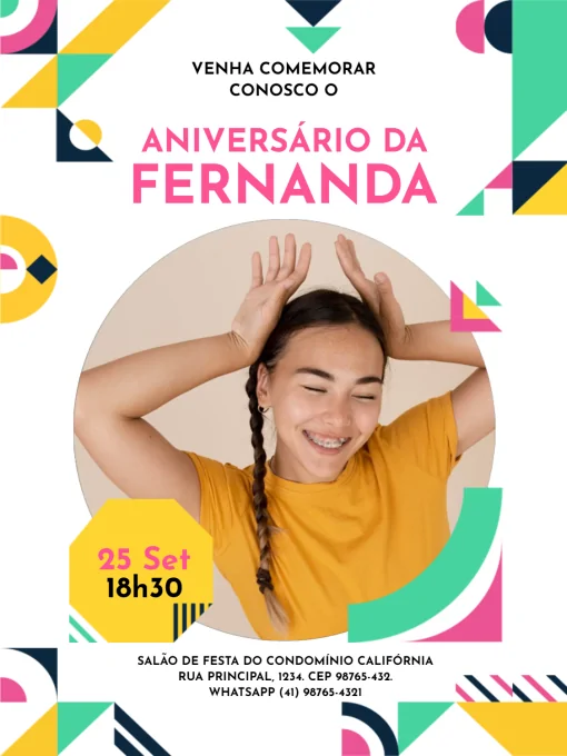 Modelo de convite - convites aniversário com foto jovem feminino geométrico