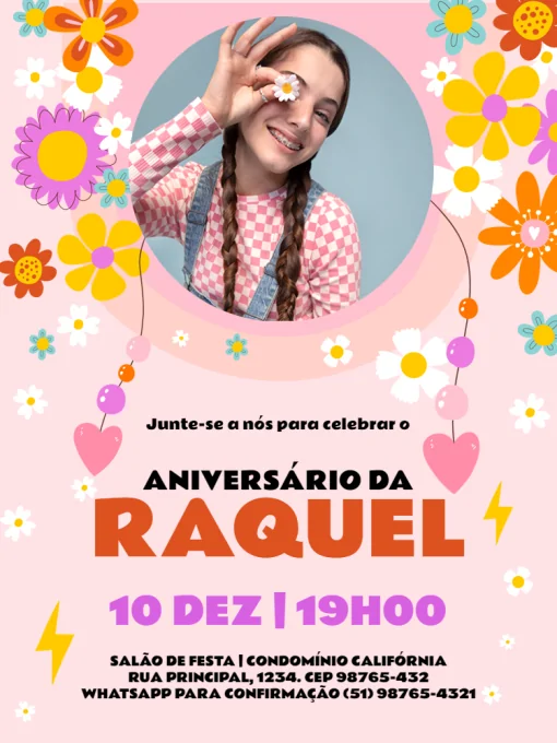 Modelo de convite - convites aniversário com foto jovem feminino floral