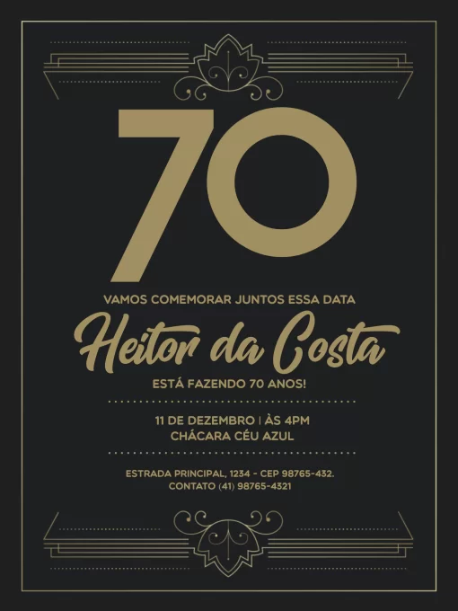 Editar e Baixar Convite De Aniversário 70 Anos Elegante, aniversário, festa, comemoração, 70 anos, adulto, idoso, elegante, clássico, escuro, preto, dourado