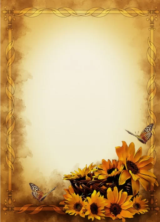 Editar e Baixar moldura para convite girassol com borboletas, moldura, convite, flor, flores, girassol, flor amarela, flor do sol, borboleta
