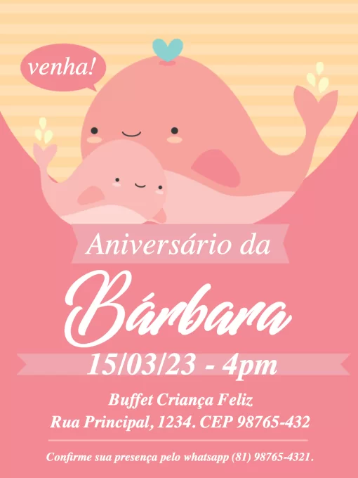Modelo de convite - convites aniversário baleia rosa