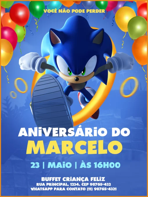 Convite Aniversário do Sonic - Edite grátis com nosso editor online