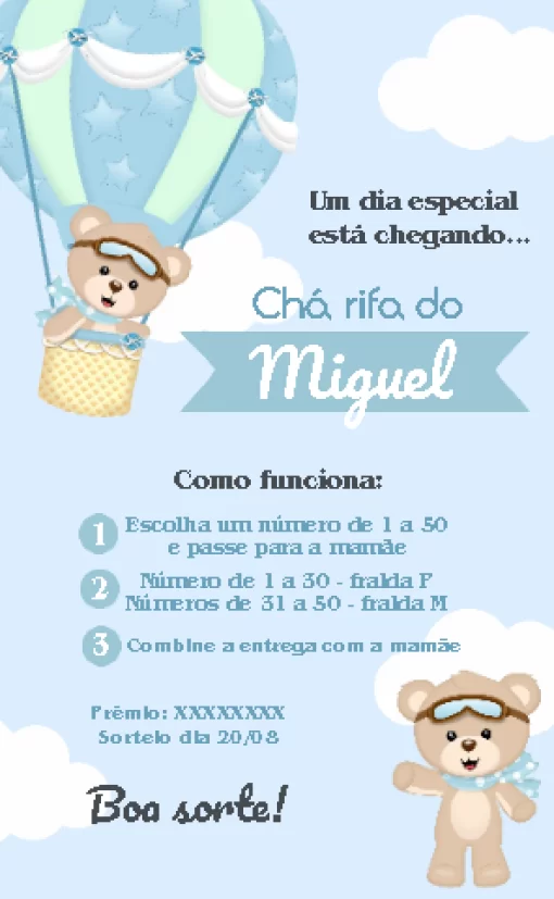 Convite Digital Chá de Bebê Ursinho Baloeiro Personalizado