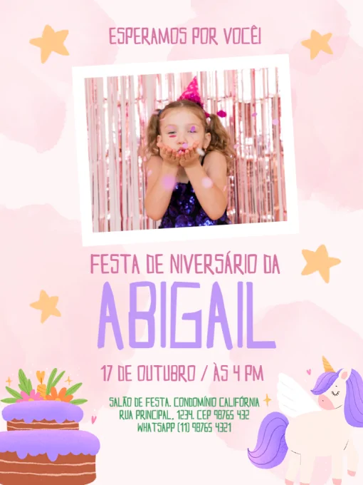 Modelo de convite - infantil com foto menina aquarela