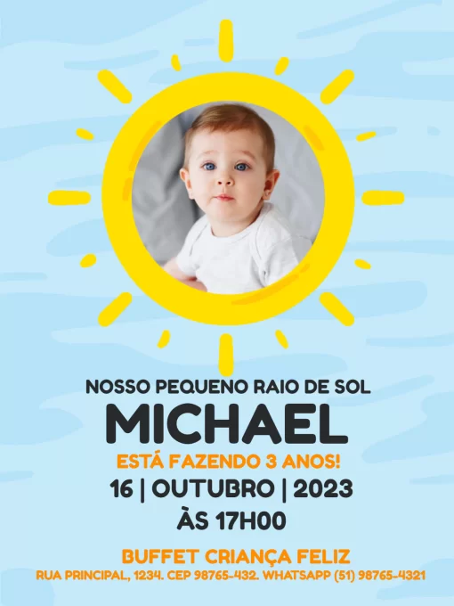 Convite De Aniversário Raio de Sol Com Foto Azul Convite De Aniversário Raio de Sol Com Foto Azul