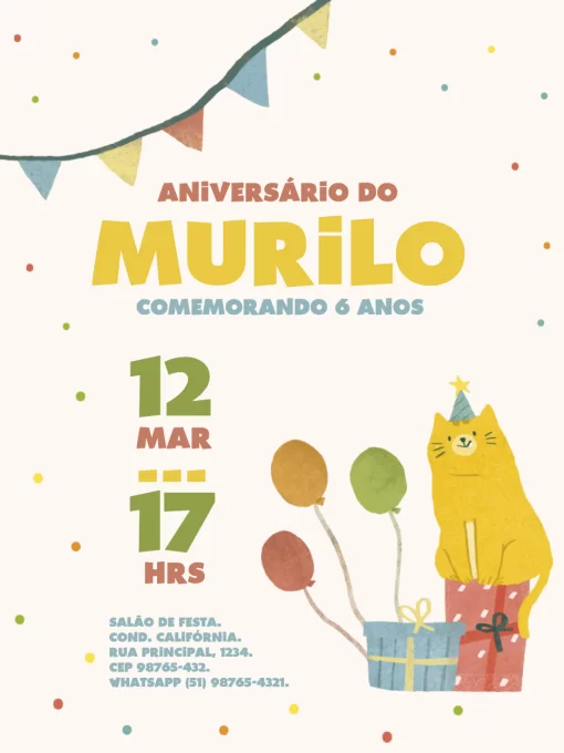 Modelo de convite - aniversário gato lúdico