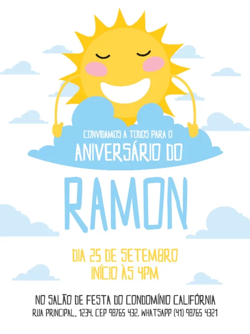 Modelo de convite - aniversário raio sol nuvens