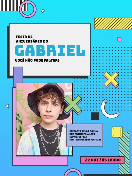 Modelo de convite - convites aniversário com foto jovem masculino geométrico