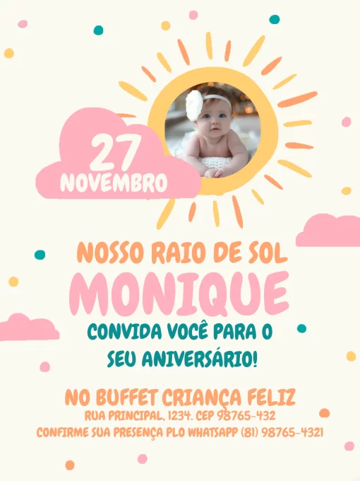 Convite De Aniversário Raio de Sol Com Foto Rosa Convite De Aniversário Raio de Sol Com Foto Rosa