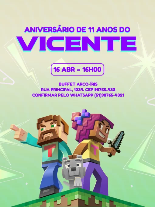 Editar e Baixar Convite de aniversário Minecraft, comemoração, festa, aniversário, game, jogo, minecraft, infantil, claro, moderno, verde, menino, menina