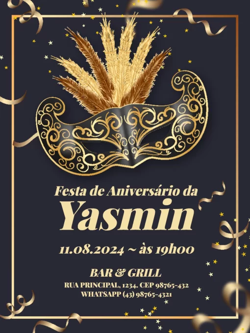 Modelo de convite - aniversário adulto baile máscaras dourado