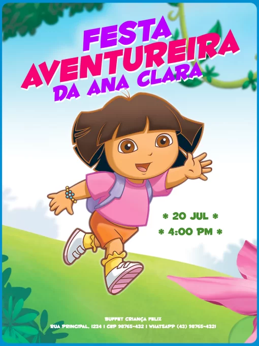 Editar e Baixar Convite Virtual Dora A Aventureira, festa, comemoração, aniversário, dora a aventureira, desenho, natureza, infantil, lúdico, floral, virtual