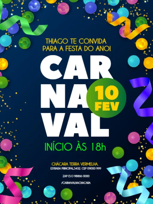 Editar e Baixar Convite Carnaval, carnaval, baile, festa, feriado, festivo, escuro, colorido, confete, serpentina