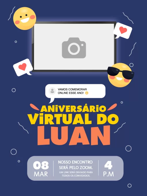 Editar e Baixar Convite Festa de Aniversário Virtual, festa, comemoração, aniversário, virtual, online, lúdico, foto, emoji, azul